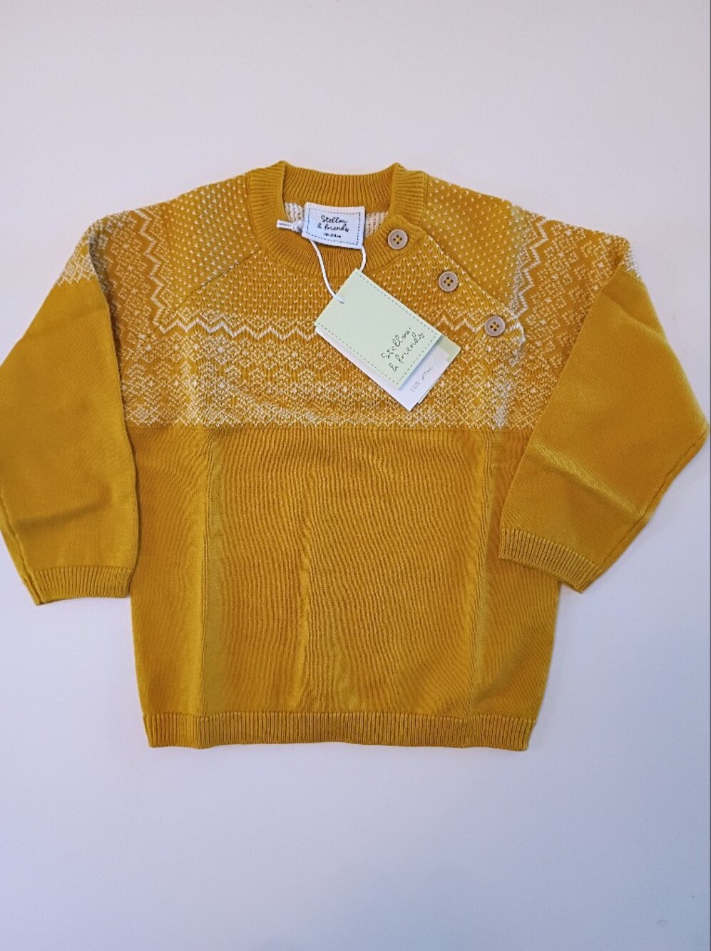 Stellou & Friends Mustard Yellow Knit Sweater with White Fair Isle Detail